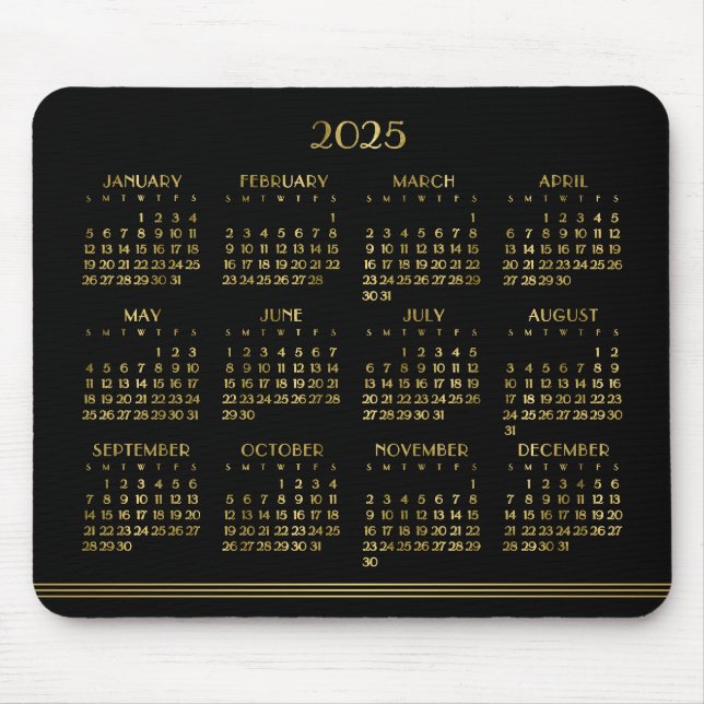 Art Deco Black Gold Yearly Calendar 2025 Mouse Mat (Front)