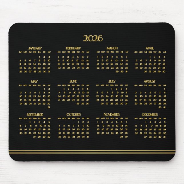 Art Deco Black Gold Yearly Calendar 2026 Mouse Mat (Front)
