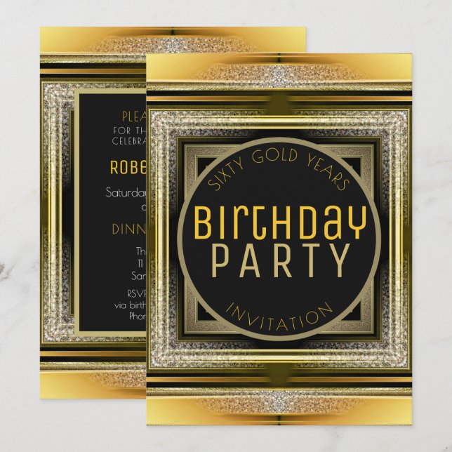 Art Deco Black Golden 60th Birthday Party Invite (Front/Back)