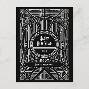 Art deco black Happy New Year Postcard