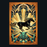 Art Deco Black Horse Cactus Palace Gold Teal Poste Poster<br><div class="desc">Step into a world of opulent Western fantasy. This masterpiece features a black stallion leaping through a grand, gold-domed palace hall. The foreground is anchored by glowing teal cacti and crystalline geometric formations, while the background radiates with a shell-like golden sunburst. A rich orange and gold border completes this maximalist...</div>