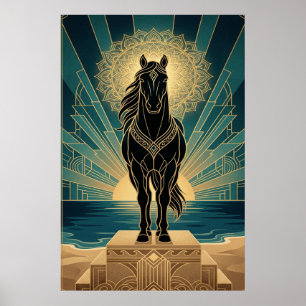 Art Deco Black Horse Mandala Sunset Teal Gold Post Poster
