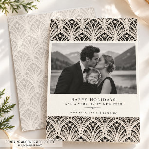 Art Deco Black Lace Fan Filigree Family Photo Holiday Card