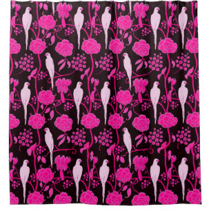 ART DECO BLACK PINK FUCHSIA FLOWERS,WHITE PARROTS SHOWER CURTAIN