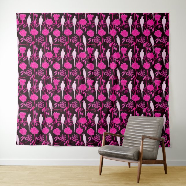 ART DECO BLACK PINK FUCHSIA FLOWERS,WHITE PARROTS TAPESTRY (In Situ (Horizontal))