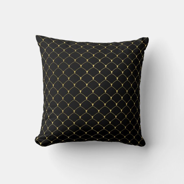 Art Deco Black Quatrefoil Gold Scales Mermaid Cushion (Front)