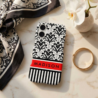 Art Deco Black, Red and White Elegant Damask