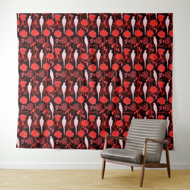 ART DECO BLACK RED FLOWERS,WHITE PARROTS Floral Tapestry (In Situ (Horizontal))