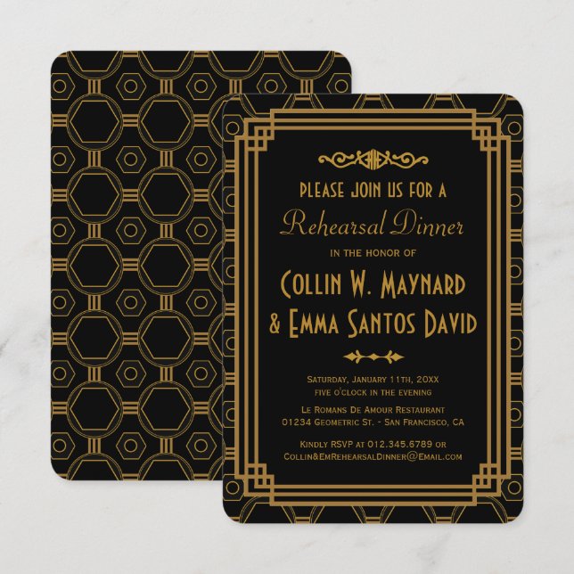 Art Deco Black Rehearsal Dinner Invitations (Front/Back)