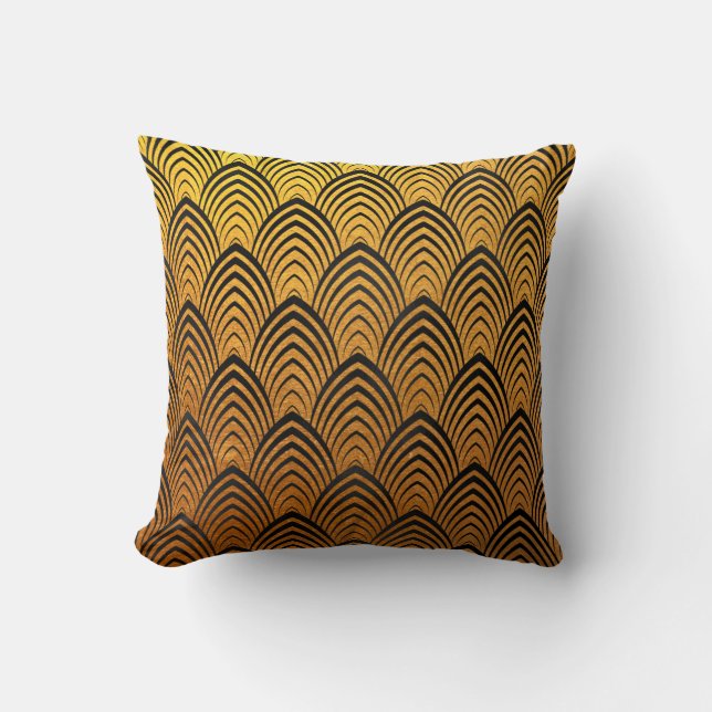 Art Deco Black Tropical Gold Metallic Scales Cushion (Front)