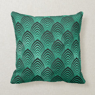 Art Deco Black Tropical Green Emerald Scales Cushion