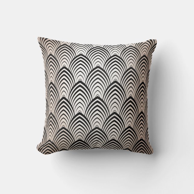 Art Deco Black Tropical Ivory Cream Metal Scales Cushion (Front)