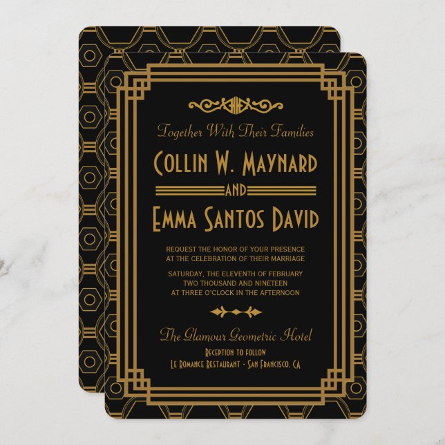 Art Deco Black Wedding Invitations (Front/Back)