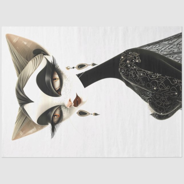 Art Deco Black White Feline Decoupage Tissue Paper (Front)