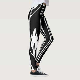 Art Deco Black & White Vintage Stripes and Floral Leggings