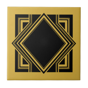 Art Deco Black Yellow Geometric Square Element 05 Tile