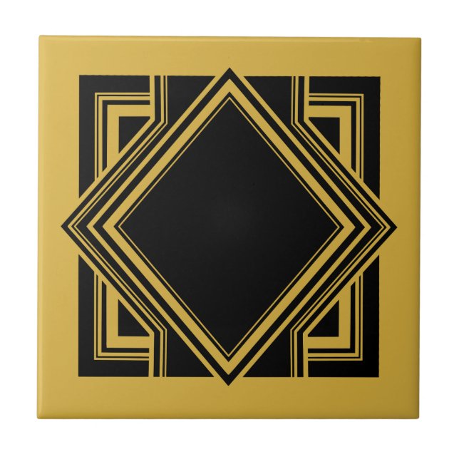 Art Deco Black Yellow Geometric Square Element 05 Tile (Front)