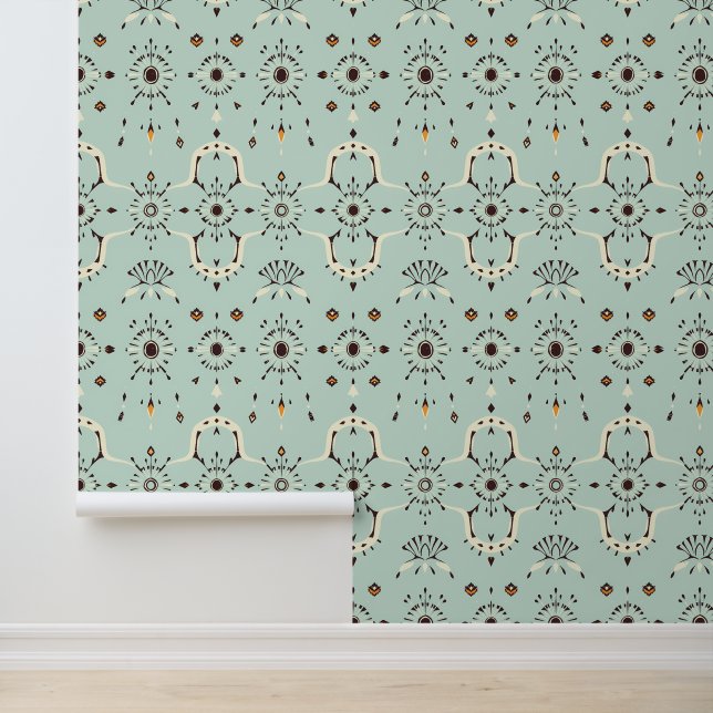 Art Deco Bloom: Mint Geometric Floral Pattern Wallpaper (Application)