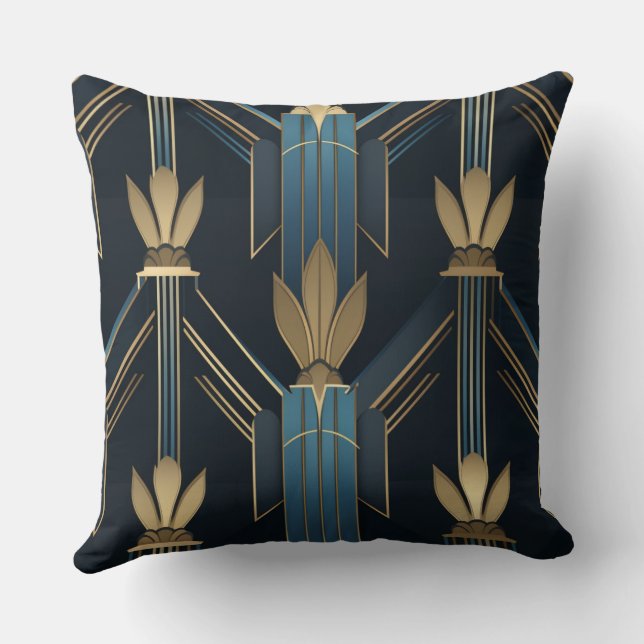 Art Deco Blue and Golden Patterns Cushion (Back)