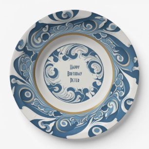 Art-deco blue and white porcelain personalized paper plate