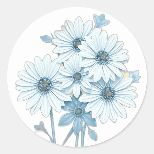 Art Deco Blue Daisy Floral Pattern Classic Round Sticker (Front)