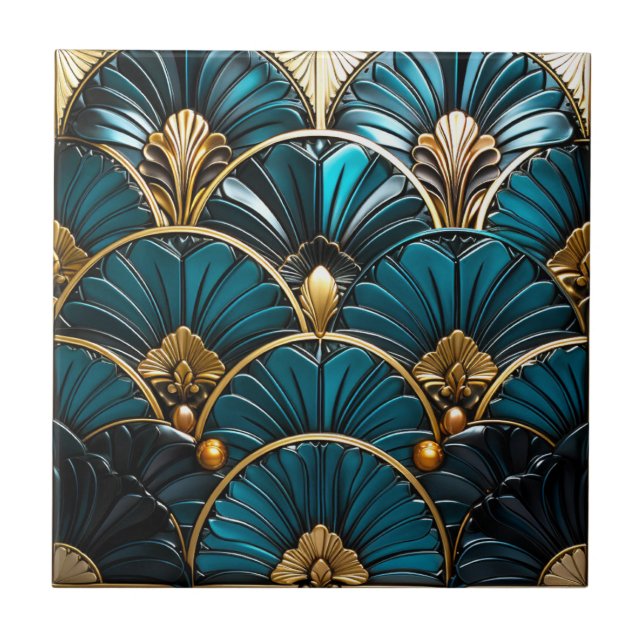 Art Deco Blue Feather Fans and Gold Accents 4.25  Tile (Front)