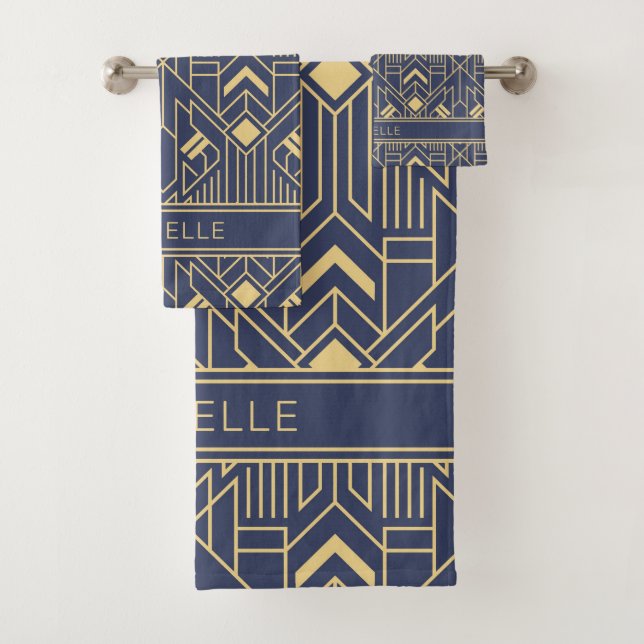 Art Deco Blue Gold Geometric Personalised Name Bath Towel Set (Insitu)