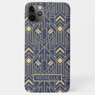 Art Deco Blue Gold Geometric Personalised Name iPhone 11 Pro Max Case
