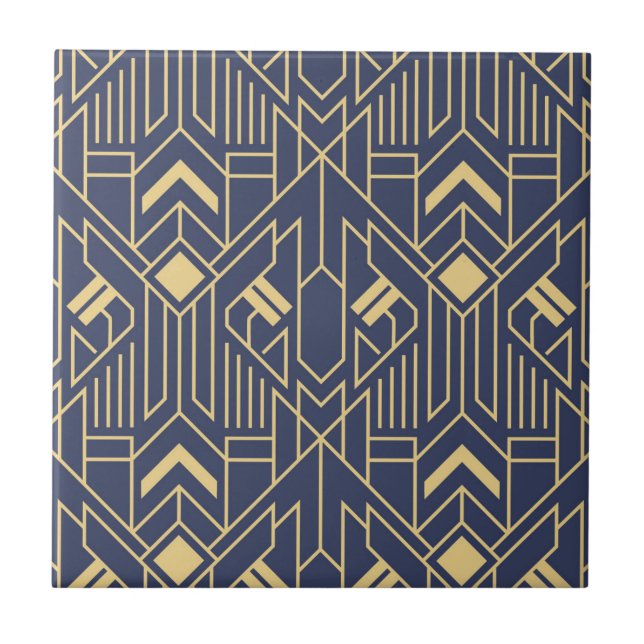 Art Deco Blue Gold Geometric Tile (Front)