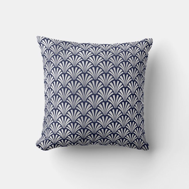 Art Deco Blue Navy Silver Grey Scales Seashells Cushion (Front)