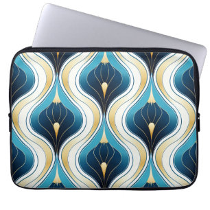 Art Deco Blue Ogee Gold Cream Patterned Laptop Sleeve