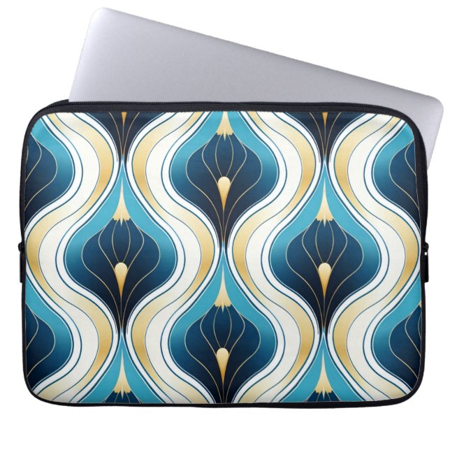 Art Deco Blue Ogee Gold Cream Patterned Laptop Sleeve (Front)