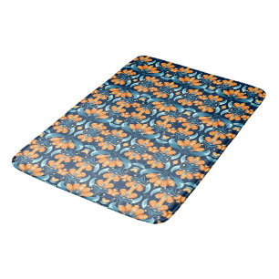 Art Deco blue orange flowers Bath Mat
