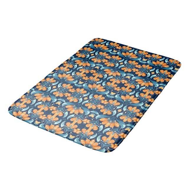 Art Deco blue orange flowers Bath Mat (Angled)