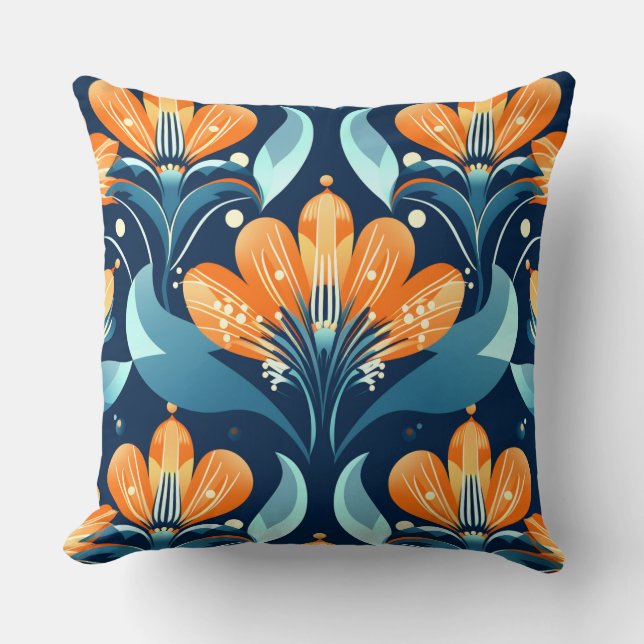 Art Deco blue orange flowers Cushion (Front)