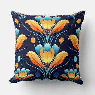 Art Deco blue orange flowers Cushion