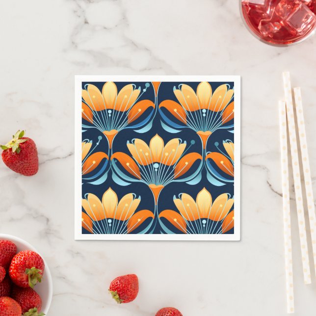 Art Deco blue orange flowers Napkin (Insitu)
