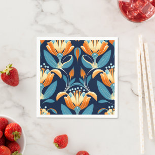 Art Deco blue orange flowers Napkin