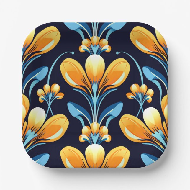 Art Deco blue orange flowers Paper Plate (Front)