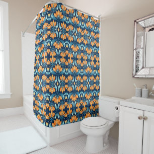 Art Deco blue orange flowers Shower Curtain