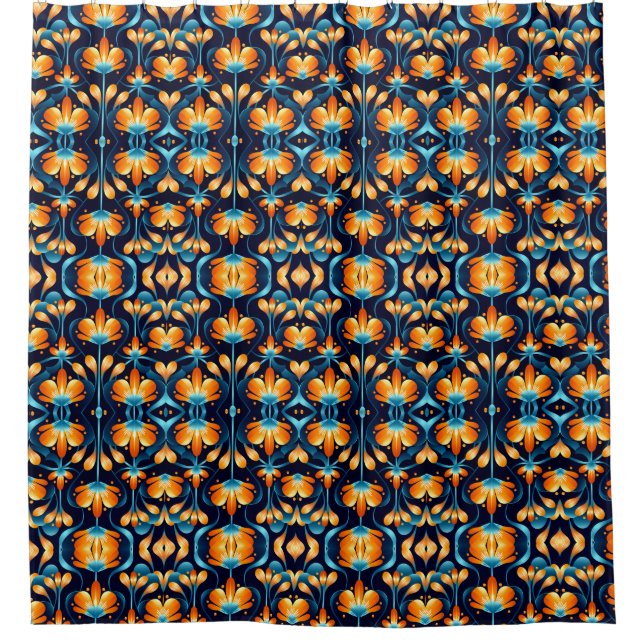 Art Deco blue orange flowers Shower Curtain (Front)