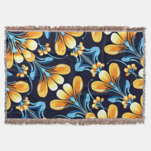Art Deco blue orange flowers Throw Blanket