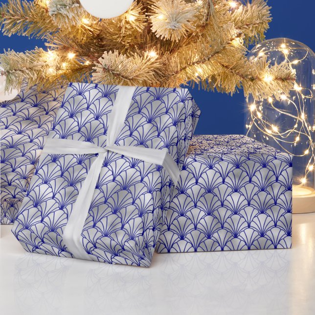 Art Deco Blue Silver Fan Shell Wrapping Paper (Holidays)