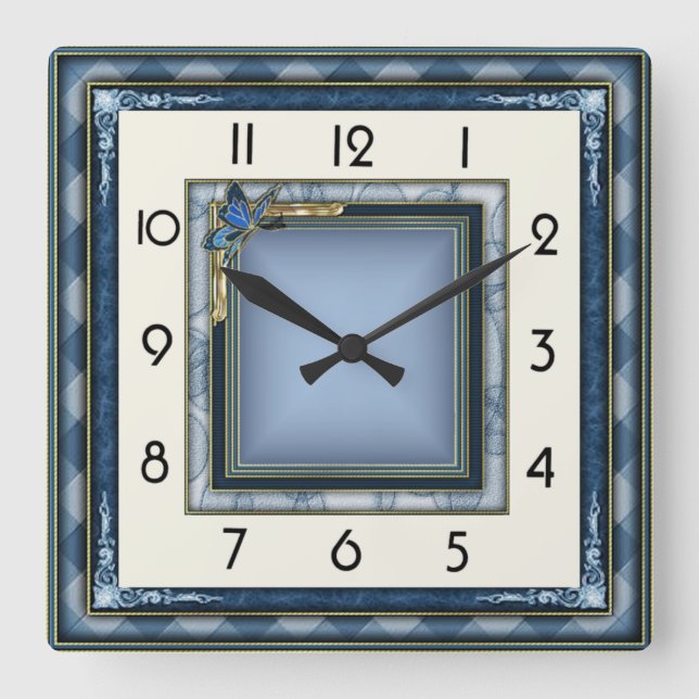 Art Deco Blue Square Wall Clock (Front)