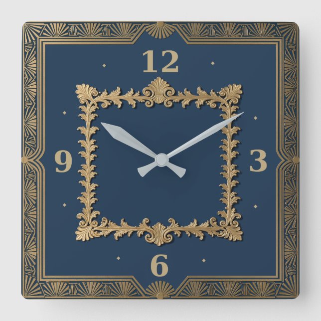 Art Deco blue Square Wall Clock (Front)
