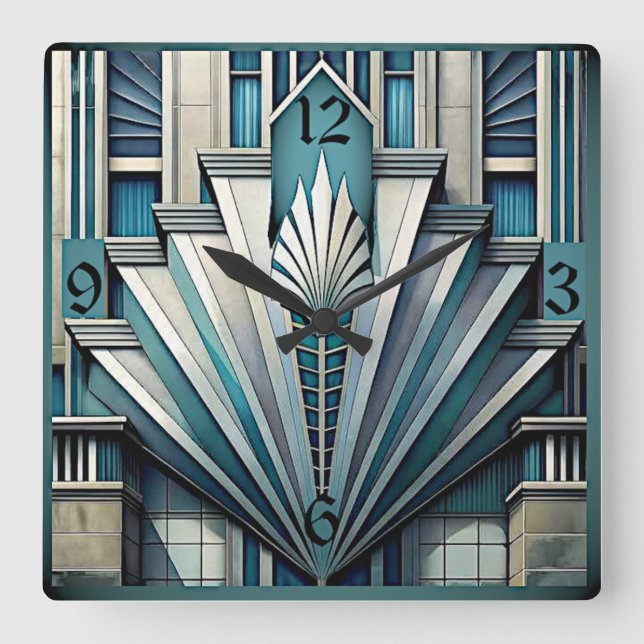 Art Deco Blue Square Wall Clock (Front)