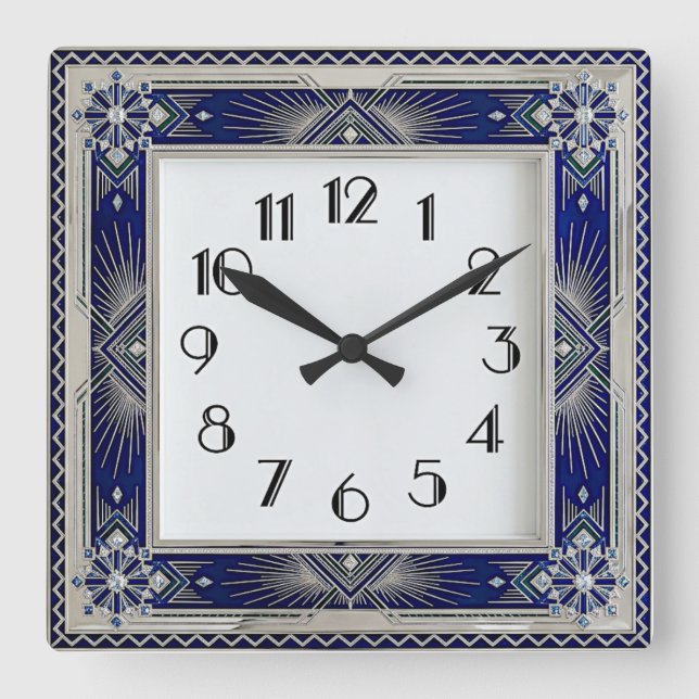 Art Deco Blue Square Wall Clock (Front)
