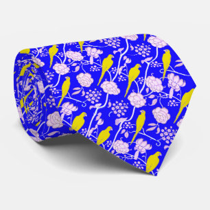 ART DECO BLUE WHITE FLOWERS WITH YELLOW PARROTS TIE