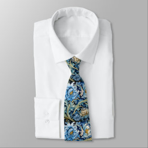 Art Deco Blue & White Peonies William Morris Style Tie