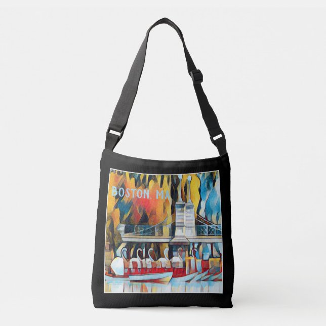 Art Deco Boston Swan Boats on black background Crossbody Bag (Front)